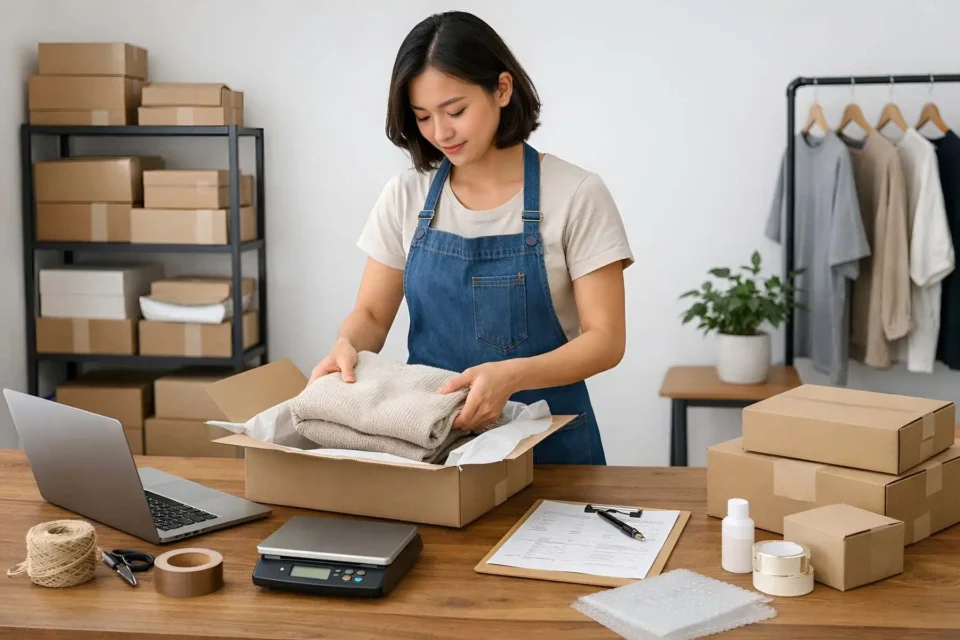 A woman unpacking a box