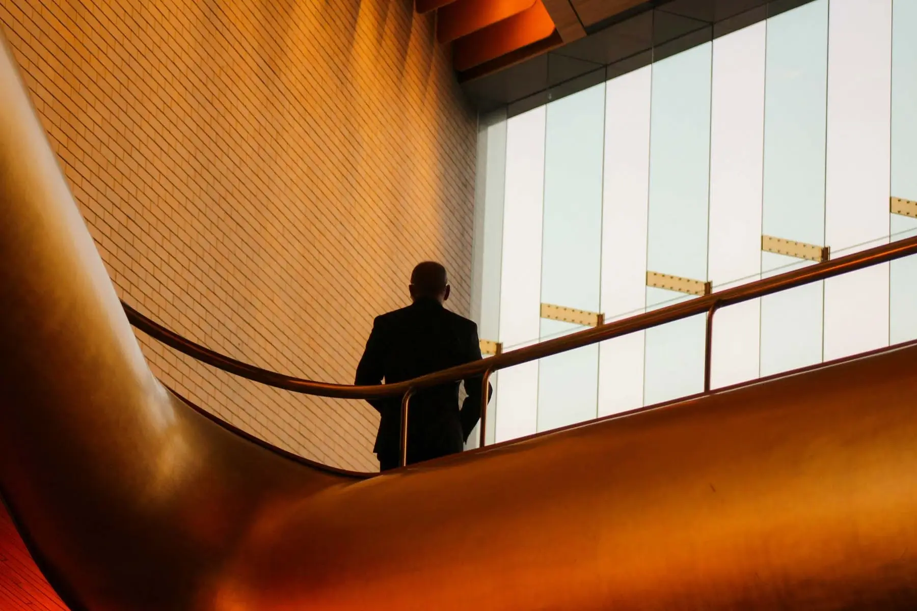 A man walking up stairs